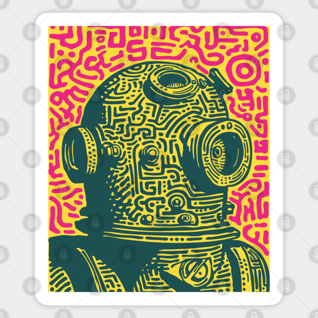 Vintage Deep Sea Diver Linocut Sticker by TuncGK